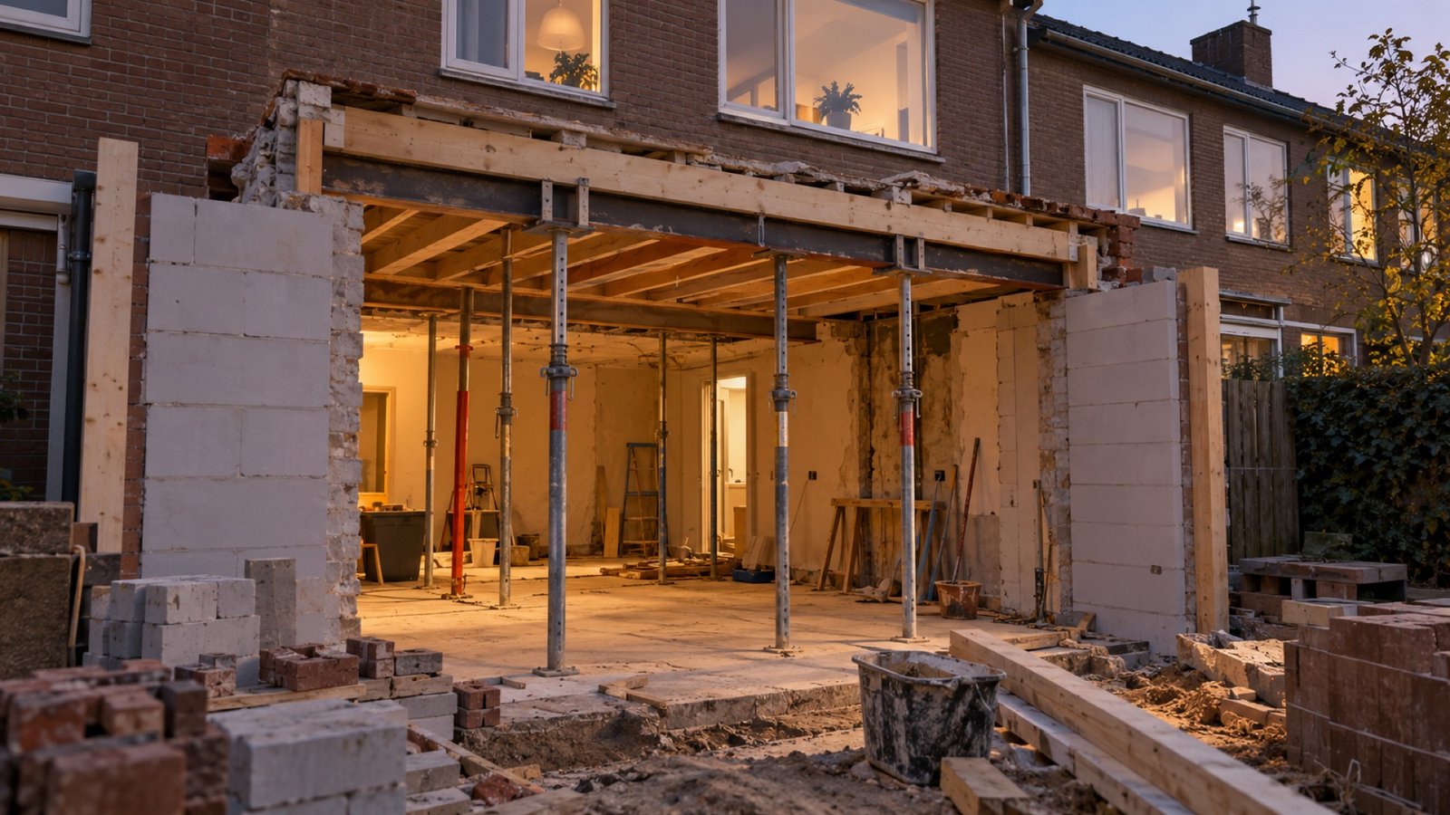 Aanbouw in aanbouw met stempels onder de open achtergevel