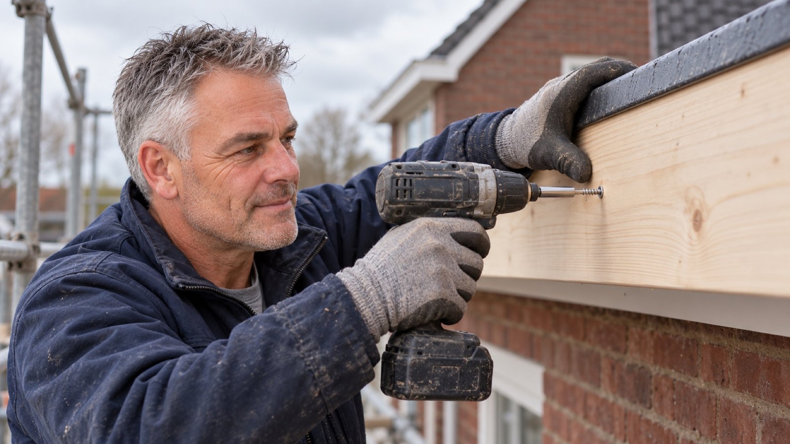 Timmerman zet de dakrand van een aanbouw