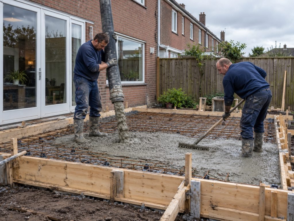 Vloerplaat van een aanbouw wordt gestort